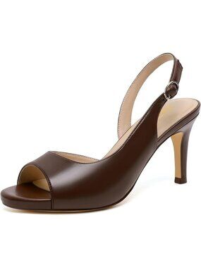 Women's Brown Pu Peep Open Toe Heel Pumps Comfortable Slip On Party Dress Shoes